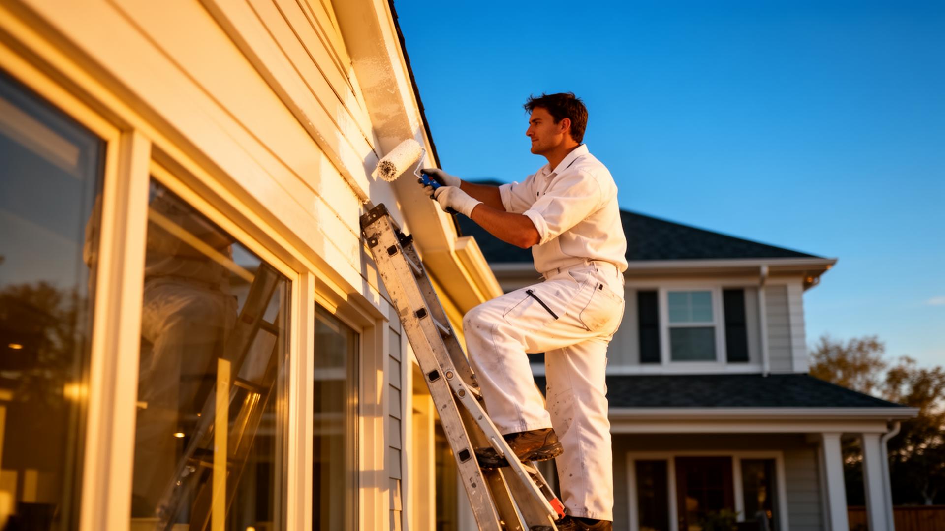 Professional house painter at work on a residential exterior
